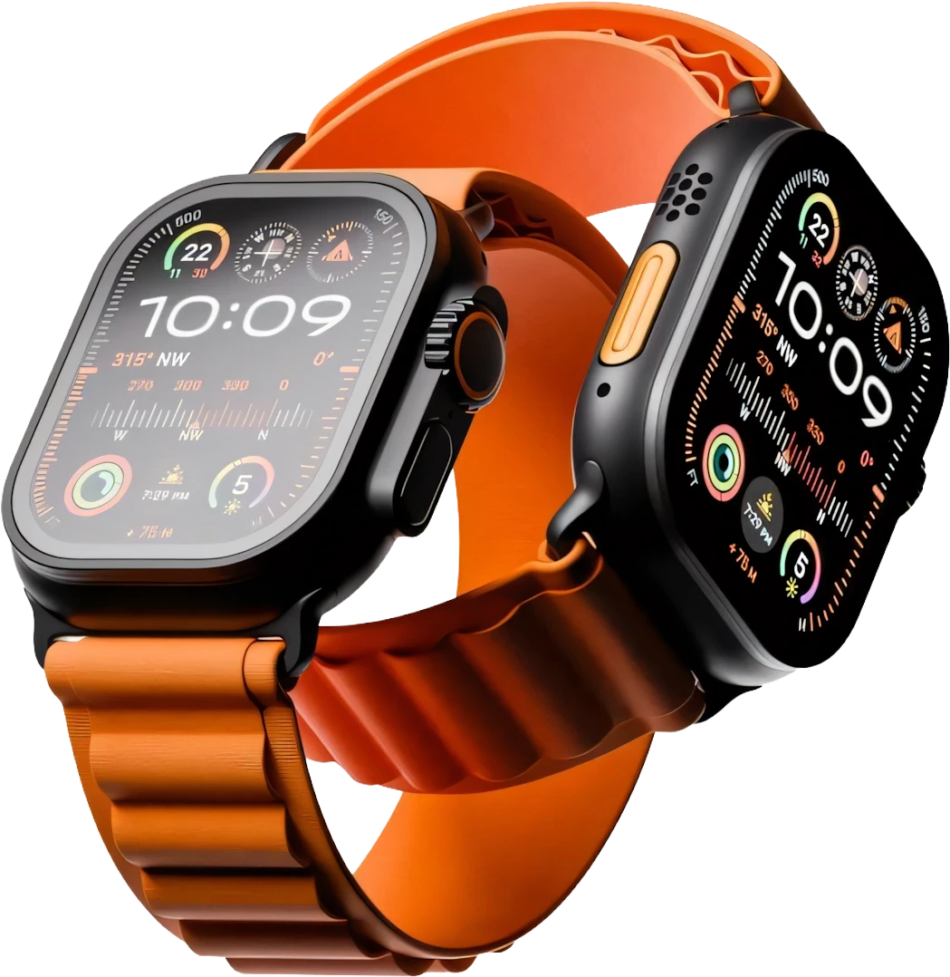 Apple Watch inteiro, visto pela frente com pulseira escura