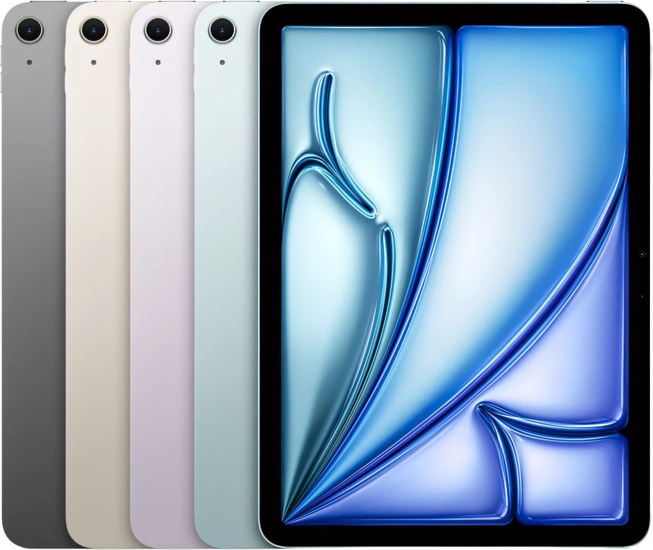 iPad Air inteiro em quatro cores, visto pela frente e por trás