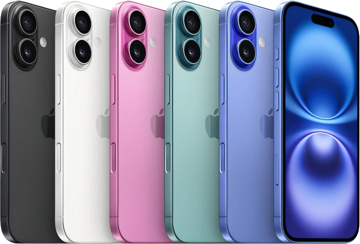 iPhone 16 inteiro em cinco cores, visto pela frente e por trás
