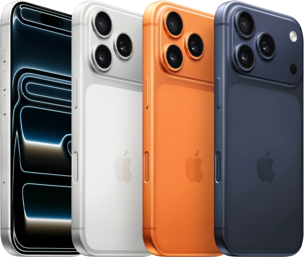iPhone 17 Pro nas cores prata, laranja e azul, em imagem fornecida pelo cliente