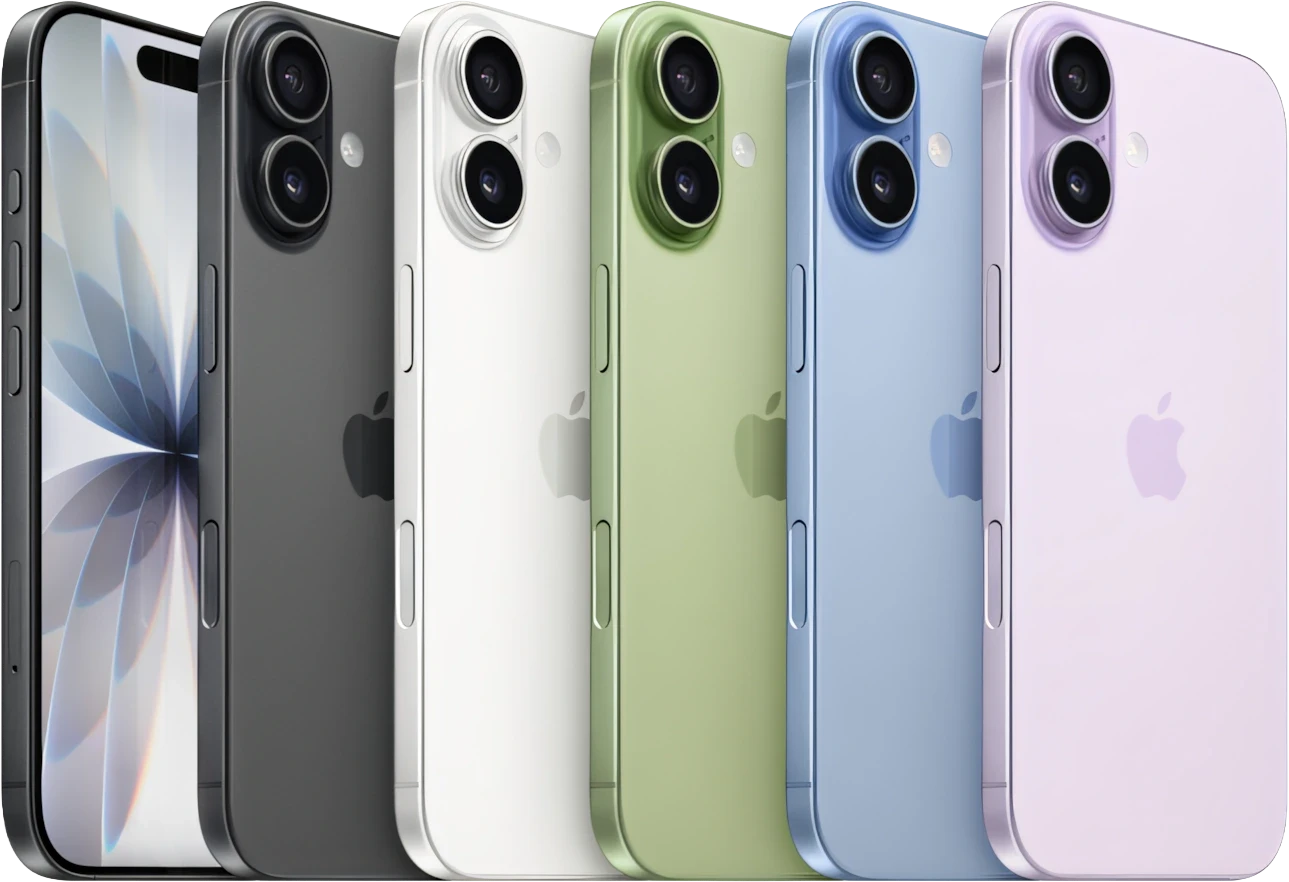 Linha iPhone 17 em diferentes cores, com os aparelhos inteiros